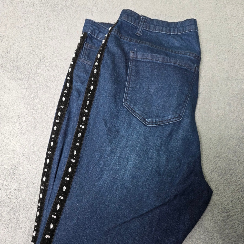 Eloquii Womens 22 Jeans Blue Dark Wash Rhinestone Velvet Side Stripe Embellished